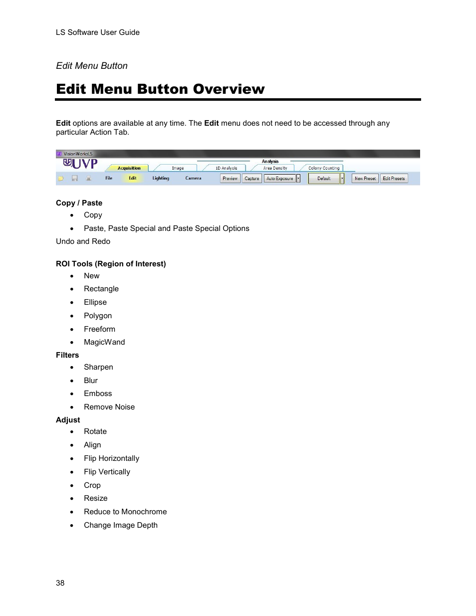 Edit menu button overview | UVP Life Science User Manual | Page 52 / 269