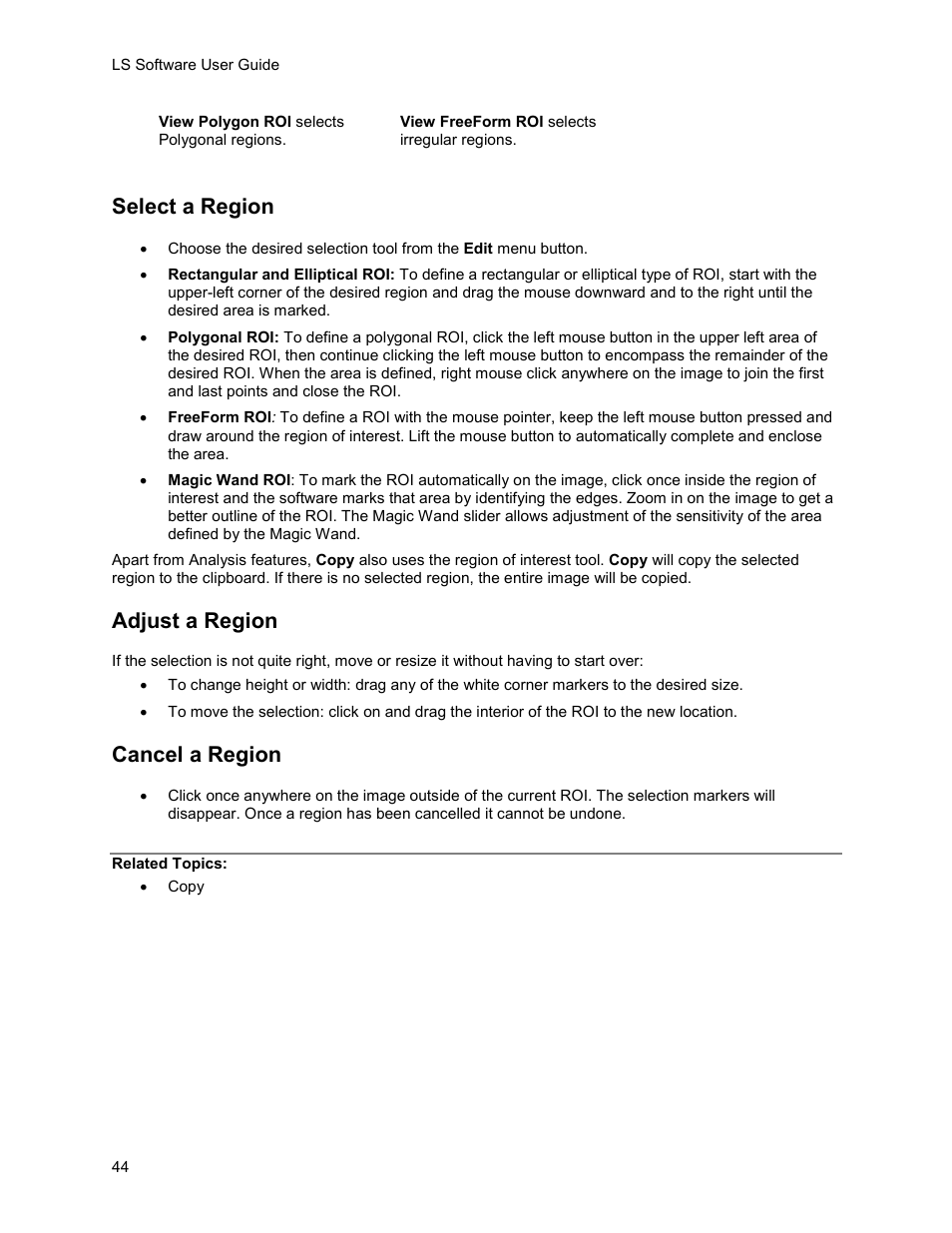 Select a region, Adjust a region, Cancel a region | UVP Life Science User Manual | Page 58 / 269