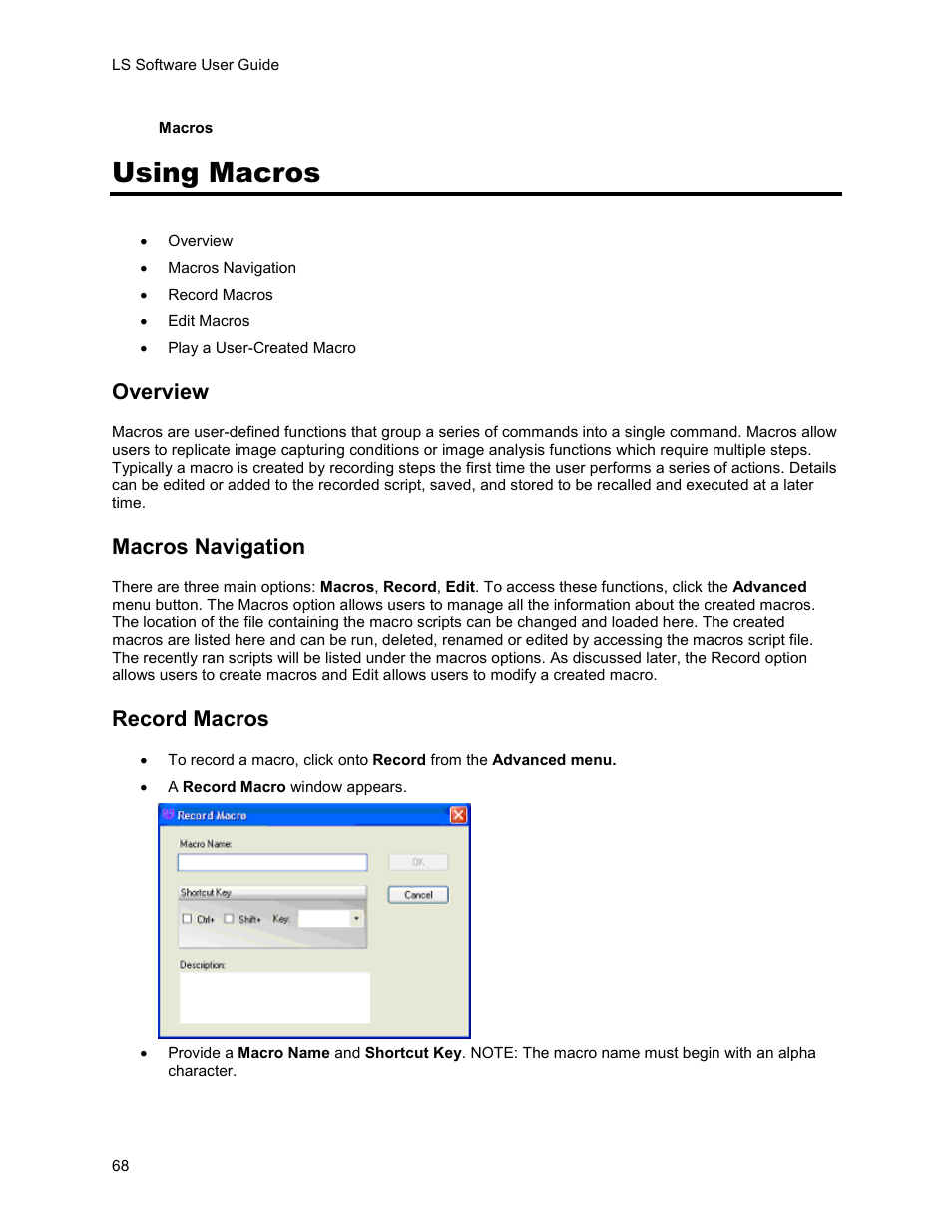 Using macros, Overview, Macros navigation | Record macros | UVP Life Science User Manual | Page 82 / 269