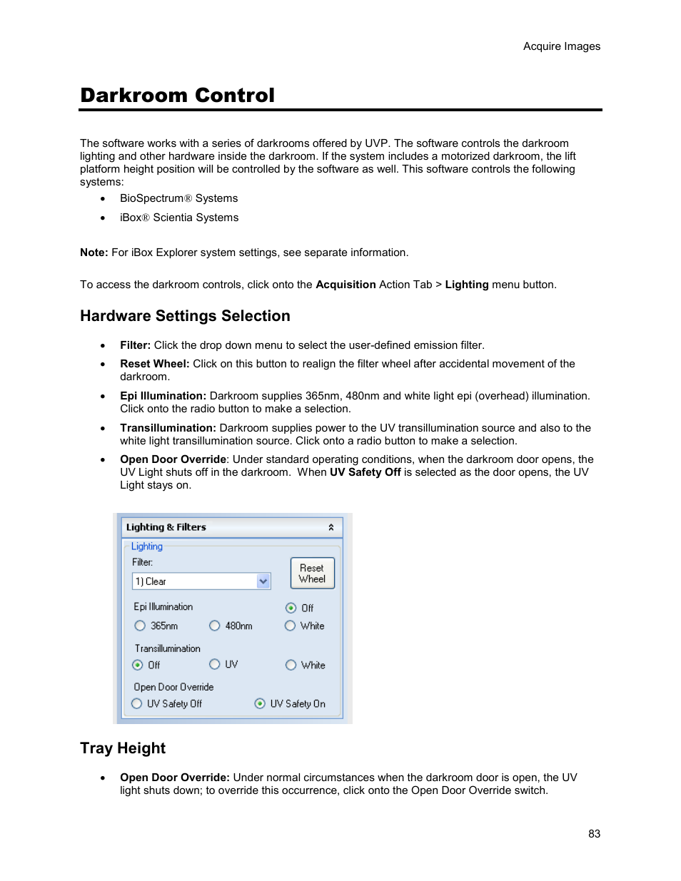 Darkroom control, Hardware settings selection, Tray height | UVP Life Science User Manual | Page 97 / 269