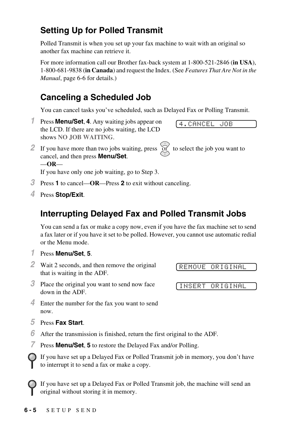 Setting up for polled transmit, Canceling a scheduled job, Interrupting delayed fax and polled transmit jobs | Brother FAX-775Si User Manual | Page 52 / 96
