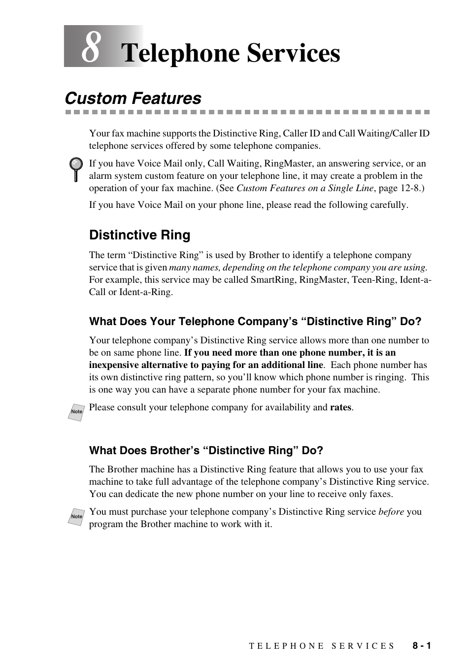 8 telephone services, Custom features, Distinctive ring | What does brother’s “distinctive ring” do, Telephone services -1, Custom features -1, Distinctive ring -1, What does your telephone company’s “distinctive, Ring” do? -1, What does brother’s “distinctive ring” do? -1 | Brother FAX-775Si User Manual | Page 61 / 96