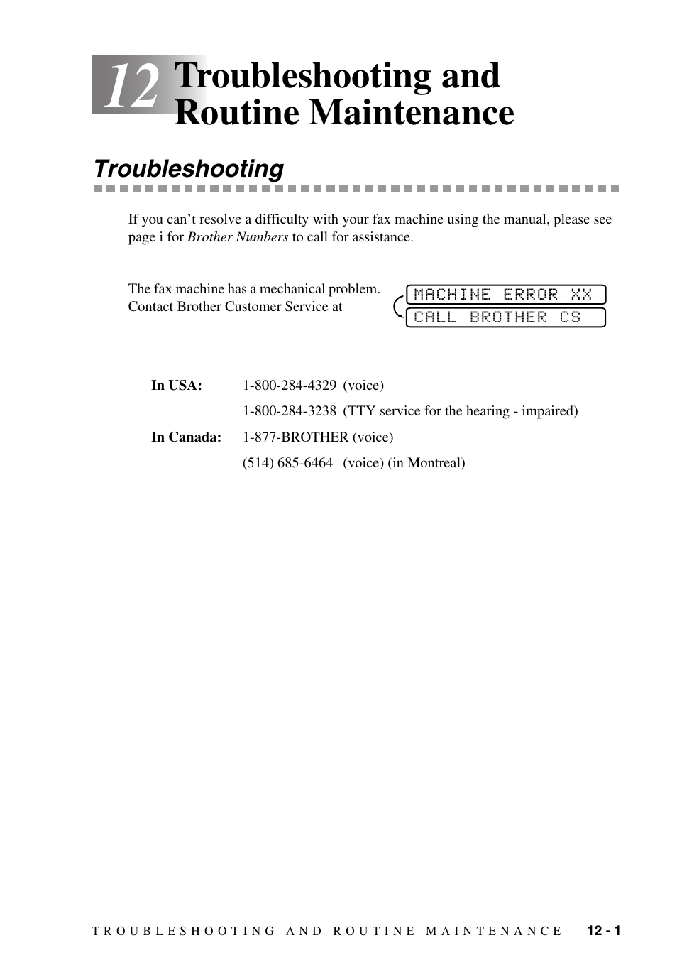 12 troubleshooting and routine maintenance, Troubleshooting, Troubleshooting and routine maintenance -1 | Troubleshooting -1, Troubleshooting and routine maintenance | Brother FAX-775Si User Manual | Page 77 / 96