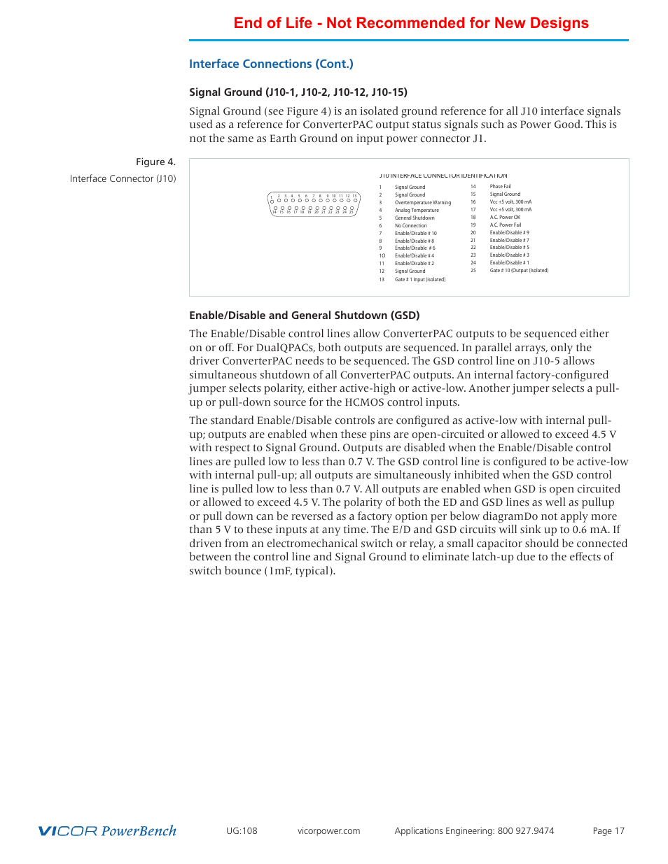 End of life - not recommended for new designs, Interface connections (cont.), Figure 4. interface connector (j10) | Vicor 4kW MegaPAC-EL AC-DC Switchers User Manual | Page 17 / 30