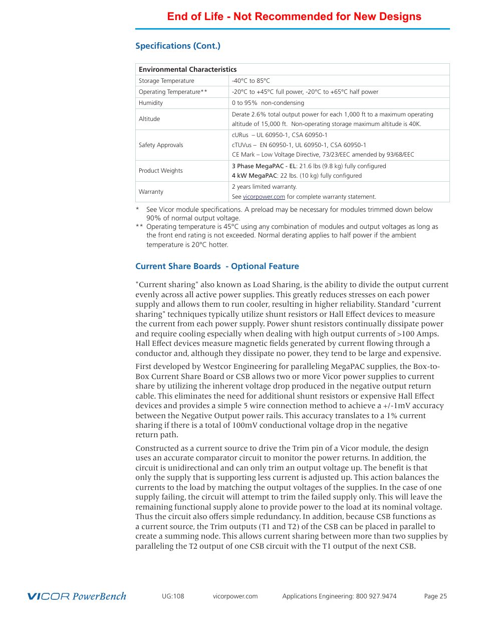 Current share boards, End of life - not recommended for new designs, Current share boards - optional feature | Specifications (cont.) | Vicor 4kW MegaPAC-EL AC-DC Switchers User Manual | Page 25 / 30