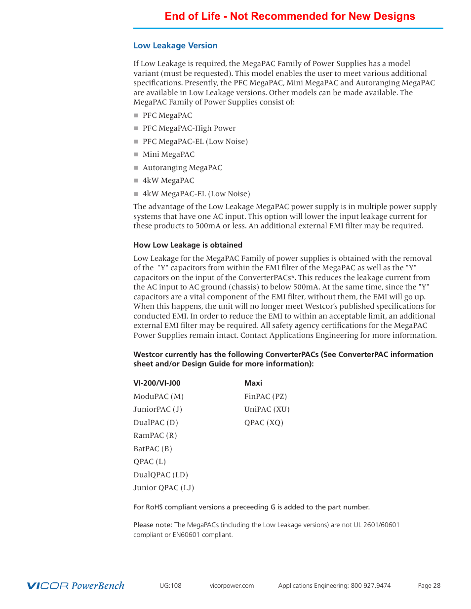 Low leakage version, End of life - not recommended for new designs | Vicor 4kW MegaPAC-EL AC-DC Switchers User Manual | Page 28 / 30