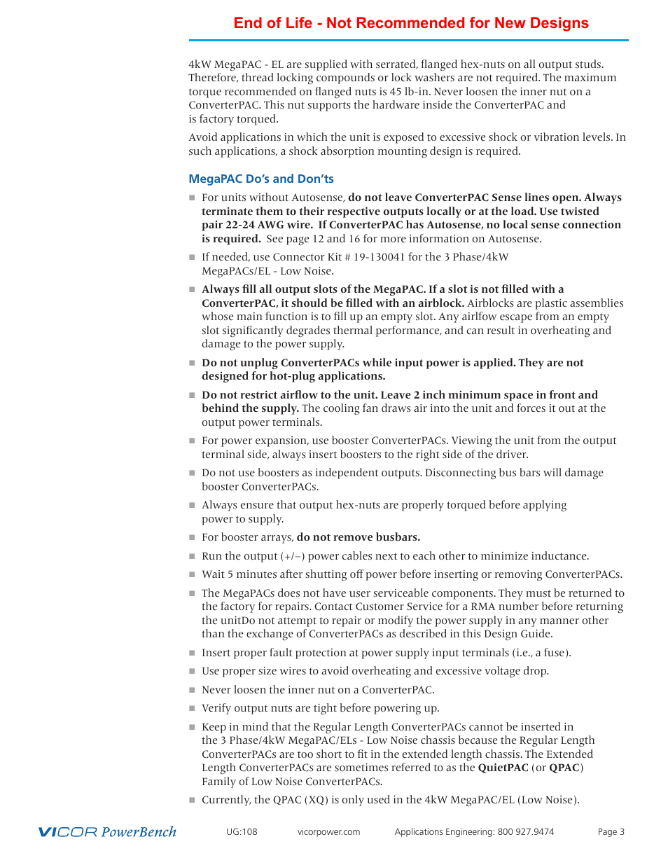 Megapac, Do’s and don’ts, End of life - not recommended for new designs | Vicor 4kW MegaPAC-EL AC-DC Switchers User Manual | Page 3 / 30