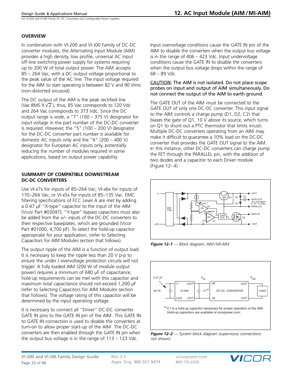 Sect. 12, Ac input module (aim / mi-aim) | Vicor VI-J00 Family DC-DC Converters and Configurable Power Supplies User Manual | Page 34 / 99