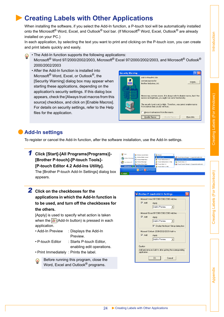 Creating labels with other applications, Add-in settings | Brother QL-650TD User Manual | Page 24 / 65