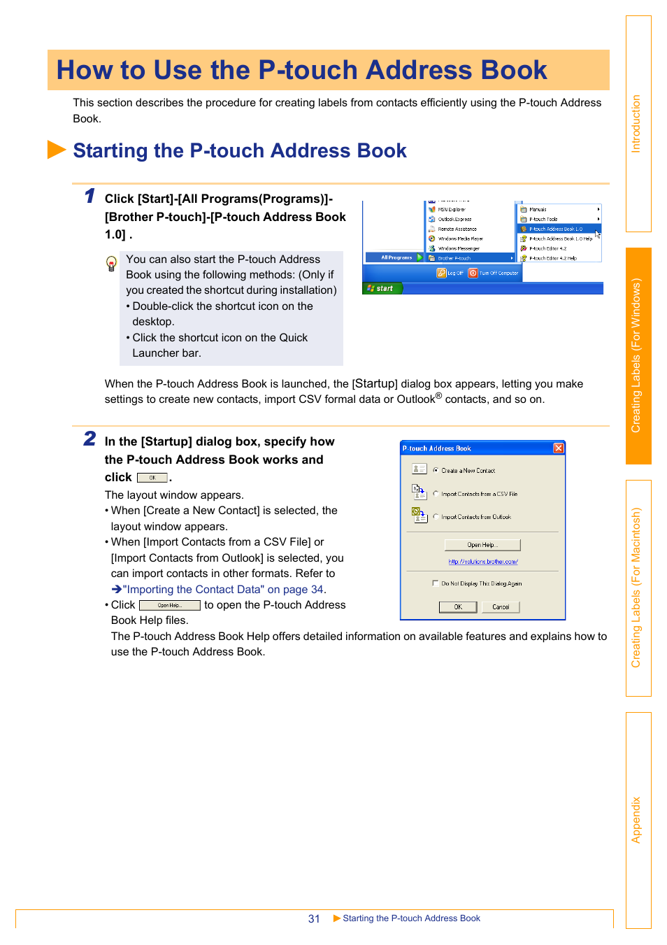 How to use the p-touch address book, Starting the p-touch address book, Starting the p-touch address book 1 | Brother QL-650TD User Manual | Page 31 / 65