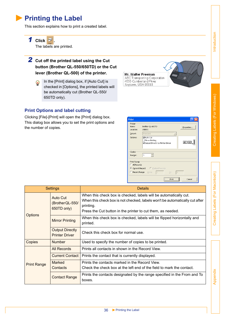 Printing the label | Brother QL-650TD User Manual | Page 36 / 65