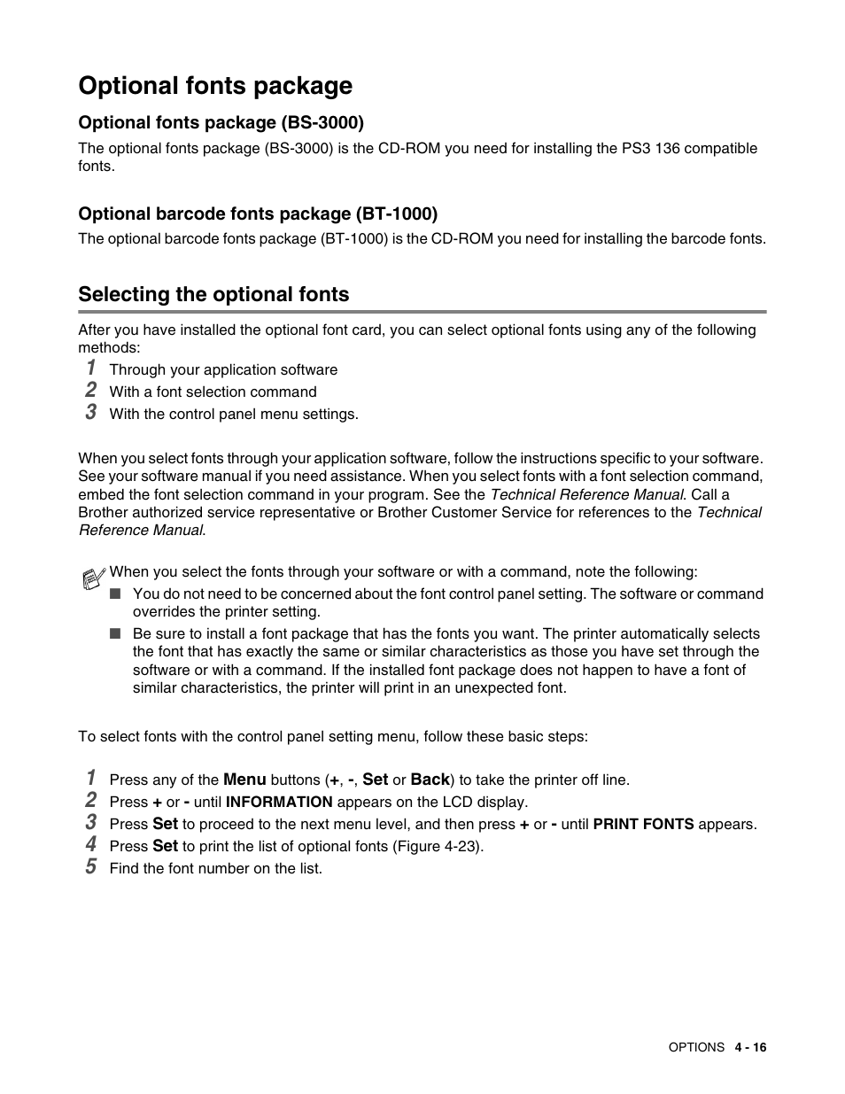 Optional fonts package, Optional fonts package (bs-3000), Optional barcode fonts package (bt-1000) | Selecting the optional fonts, Optional fonts package -16, Selecting the optional fonts -16 | Brother HL 2700CN User Manual | Page 104 / 162