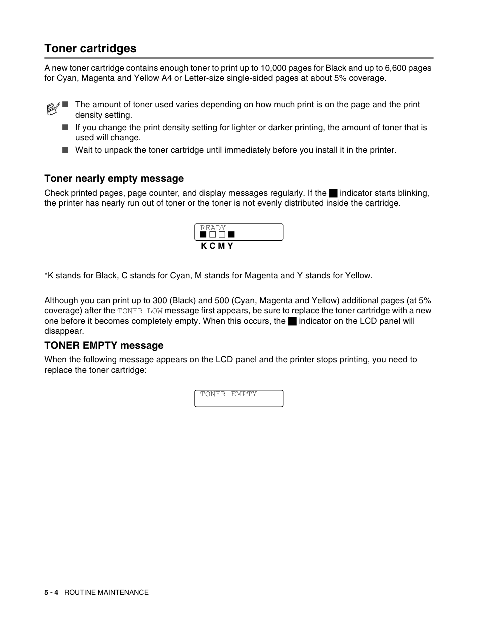 Toner cartridges, Toner nearly empty message, Toner empty message | Toner cartridges -4, See 5-4 | Brother HL 2700CN User Manual | Page 109 / 162