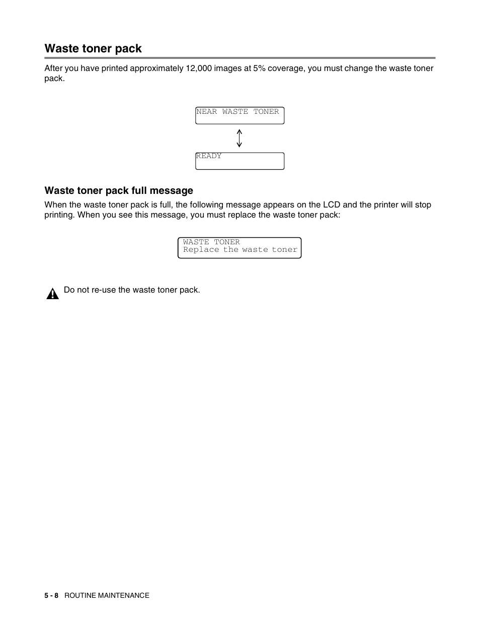 Waste toner pack, Waste toner pack full message, Waste toner pack -8 | Waste toner pack full message -8, See 5-8 | Brother HL 2700CN User Manual | Page 113 / 162