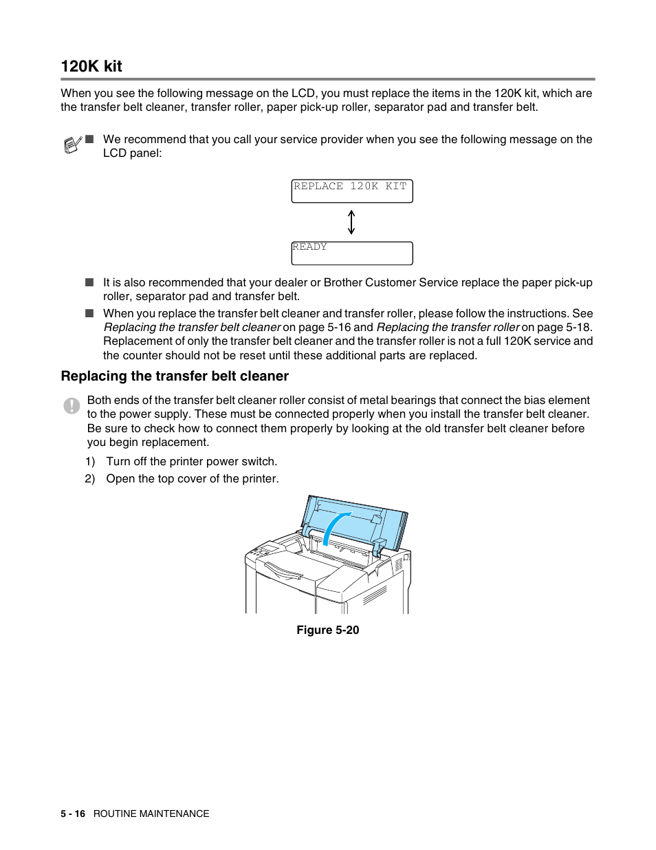 120k kit, Replacing the transfer belt cleaner, 120k kit -16 | Replacing the transfer belt cleaner -16, See 5-16 | Brother HL 2700CN User Manual | Page 121 / 162