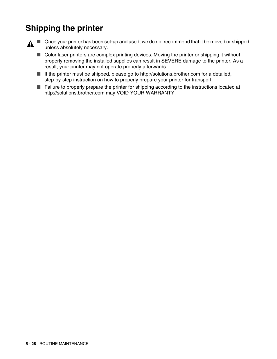 Shipping the printer, Shipping the printer -28 | Brother HL 2700CN User Manual | Page 133 / 162