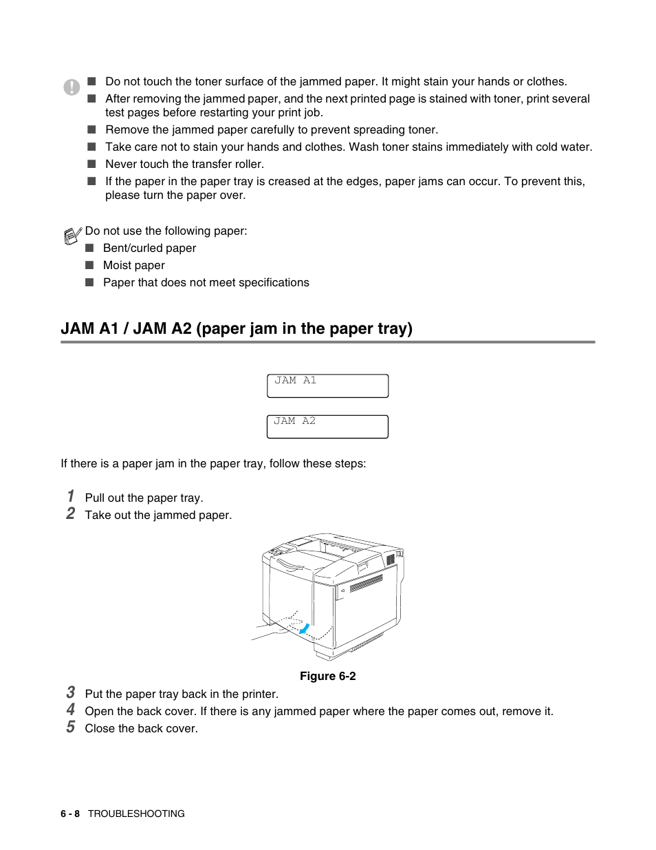 Jam a1 / jam a2 (paper jam in the paper tray), Jam a1 / jam a2 (paper jam in the paper tray) -8 | Brother HL 2700CN User Manual | Page 141 / 162