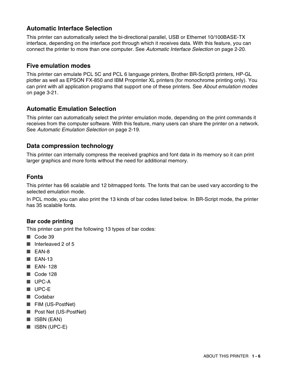 Automatic interface selection, Five emulation modes, Automatic emulation selection | Data compression technology, Fonts | Brother HL 2700CN User Manual | Page 24 / 162