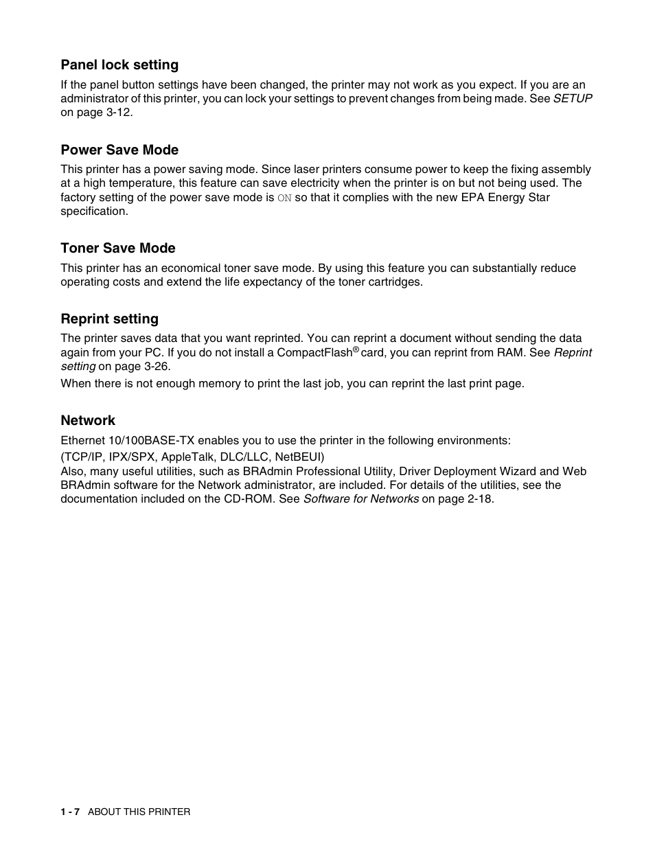 Panel lock setting, Power save mode, Toner save mode | Reprint setting, Network | Brother HL 2700CN User Manual | Page 25 / 162