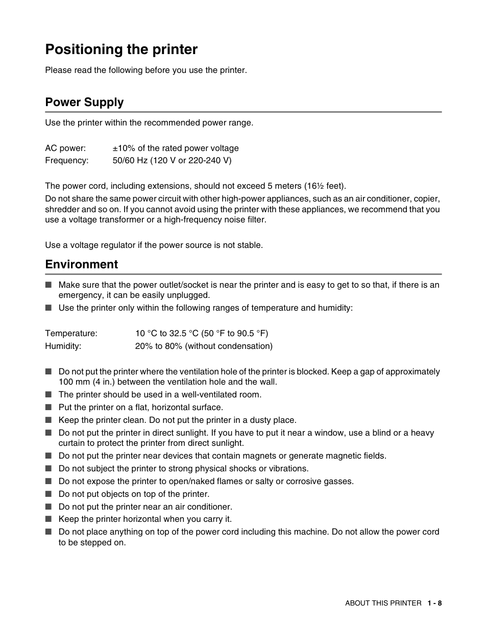 Positioning the printer, Power supply, Environment | Positioning the printer -8, Power supply -8 environment -8 | Brother HL 2700CN User Manual | Page 26 / 162