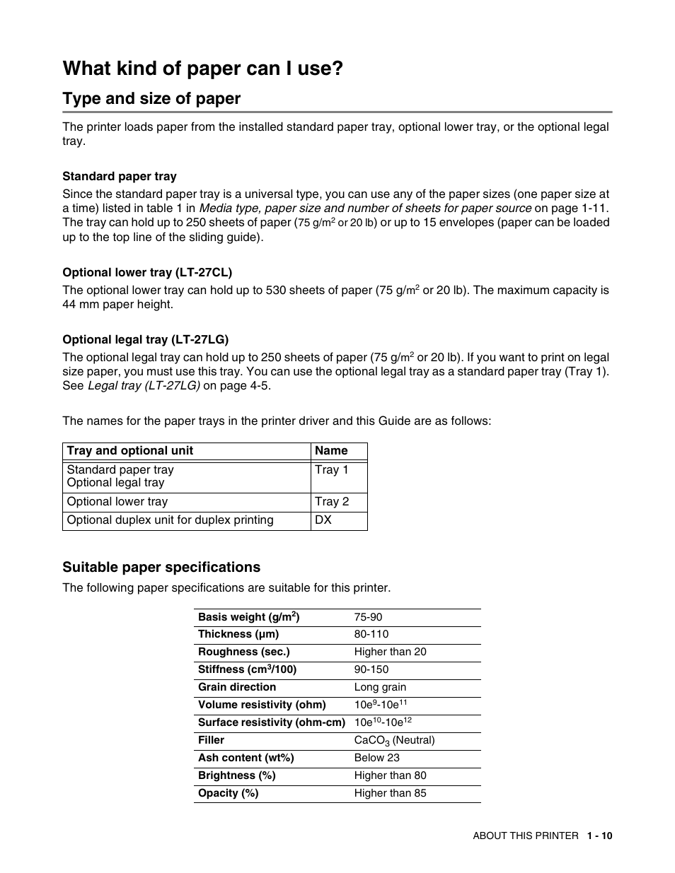 What kind of paper can i use, Type and size of paper, Suitable paper specifications | What kind of paper can i use? -10, Type and size of paper -10, Suitable paper specifications -10 | Brother HL 2700CN User Manual | Page 28 / 162