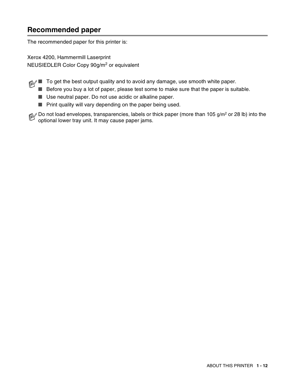 Recommended paper, Recommended paper -12 | Brother HL 2700CN User Manual | Page 30 / 162