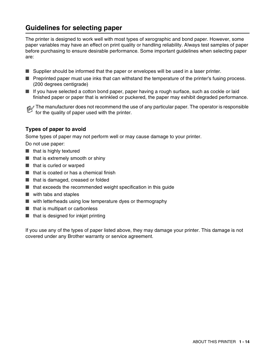 Guidelines for selecting paper, Guidelines for selecting paper -14 | Brother HL 2700CN User Manual | Page 32 / 162