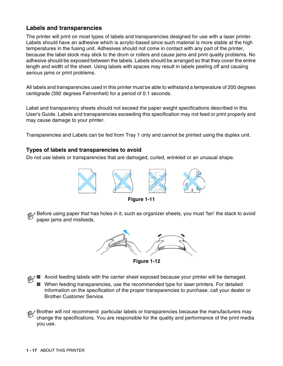 Labels and transparencies, Labels and transparencies -17 | Brother HL 2700CN User Manual | Page 35 / 162