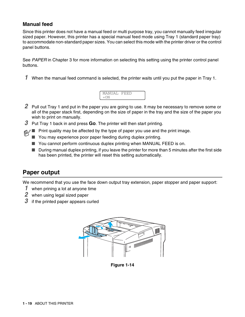 Manual feed, Paper output, Manual feed -19 | Paper output -19 | Brother HL 2700CN User Manual | Page 37 / 162