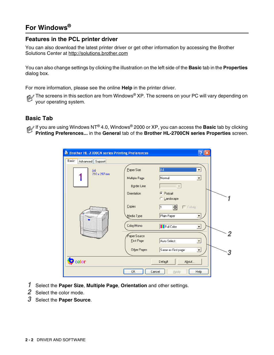 For windows, Features in the pcl printer driver, Basic tab | Features in the pcl printer driver -2 basic tab -2 | Brother HL 2700CN User Manual | Page 39 / 162