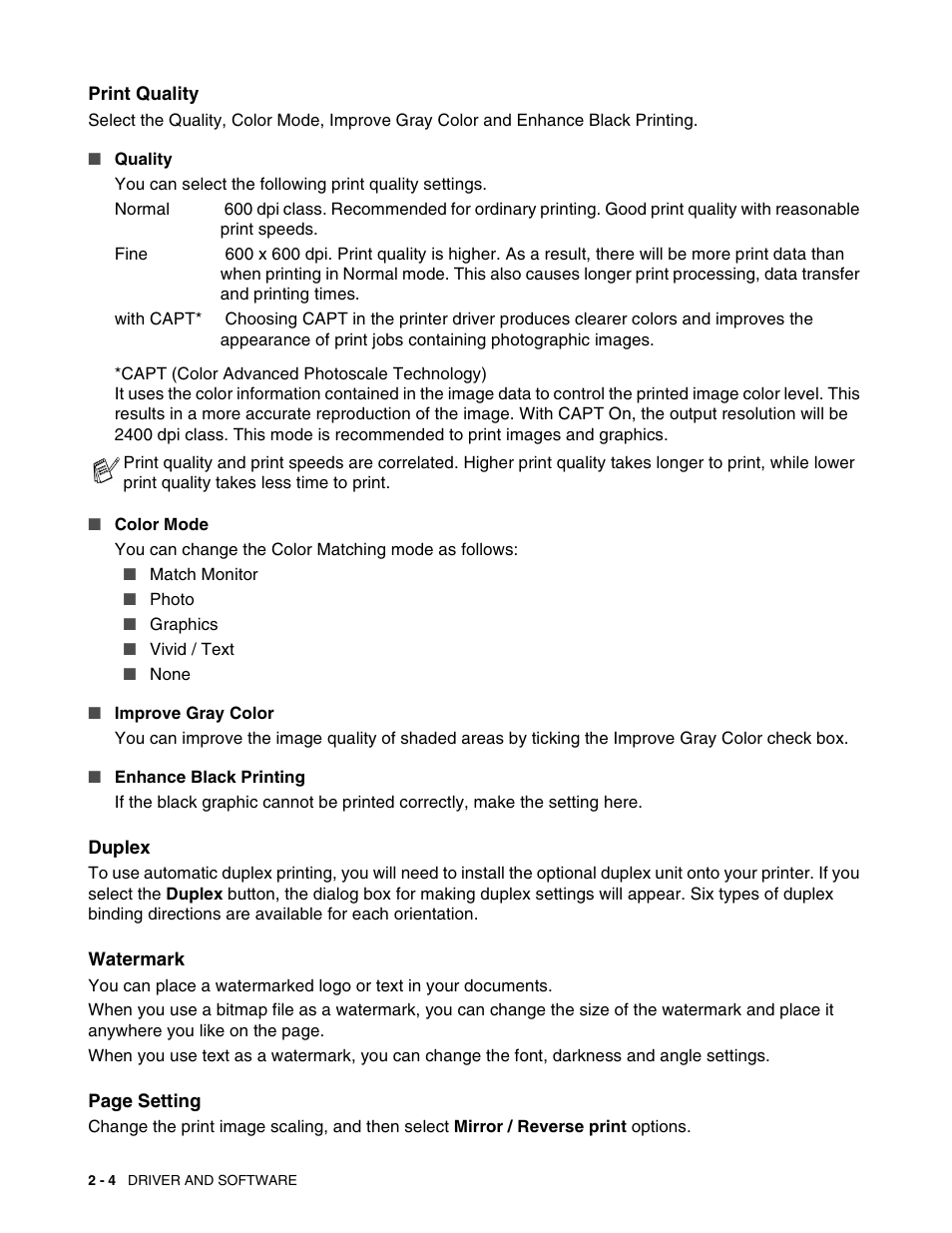 Print quality, Duplex, Watermark | Brother HL 2700CN User Manual | Page 41 / 162