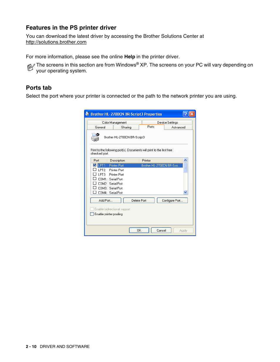 Features in the ps printer driver, Ports tab | Brother HL 2700CN User Manual | Page 47 / 162
