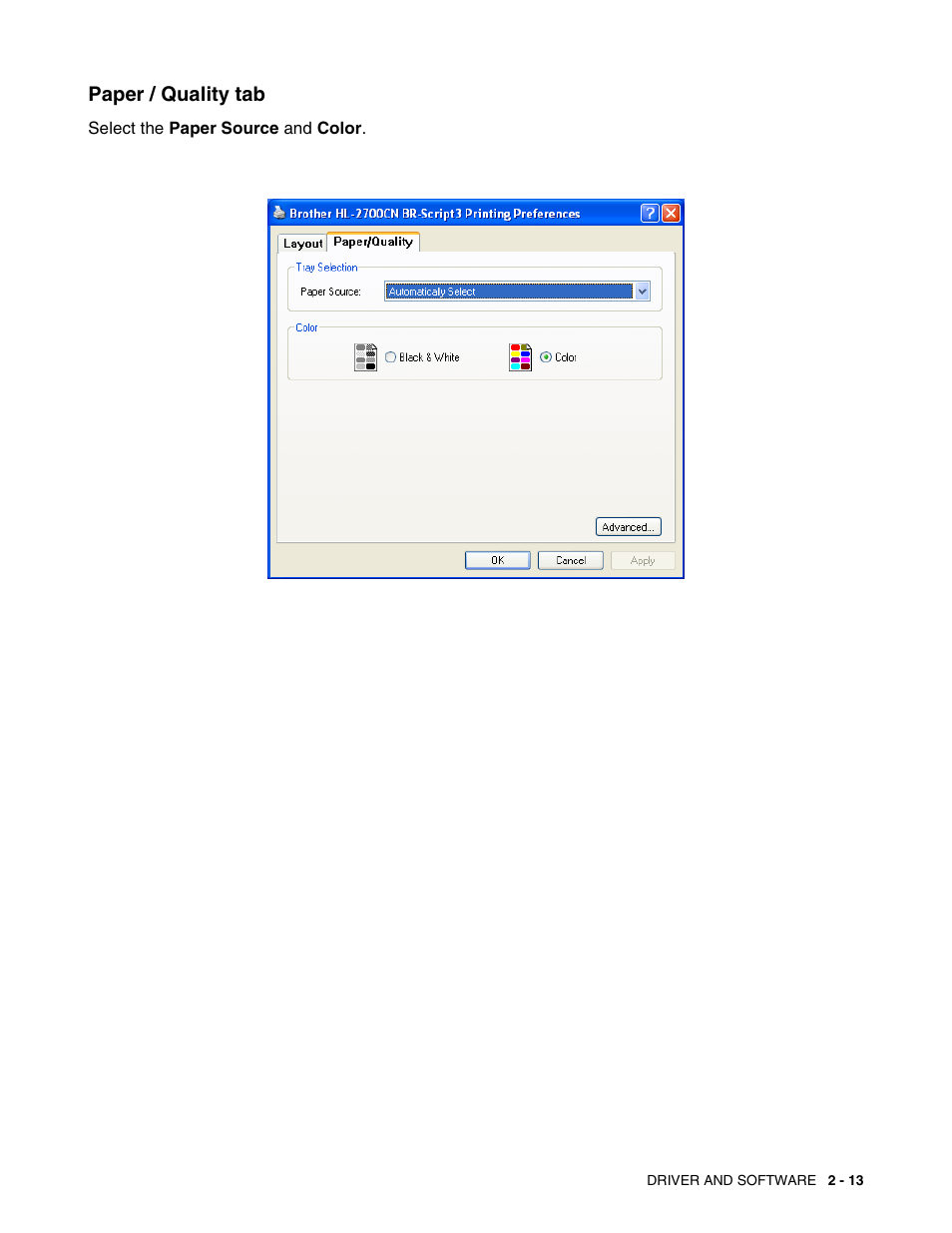 Paper / quality tab, Paper / quality tab -13 | Brother HL 2700CN User Manual | Page 50 / 162