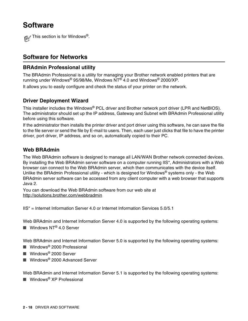 Software, Software for networks, Bradmin professional utility | Driver deployment wizard, Web bradmin, Software -18, Software for networks -18 | Brother HL 2700CN User Manual | Page 55 / 162