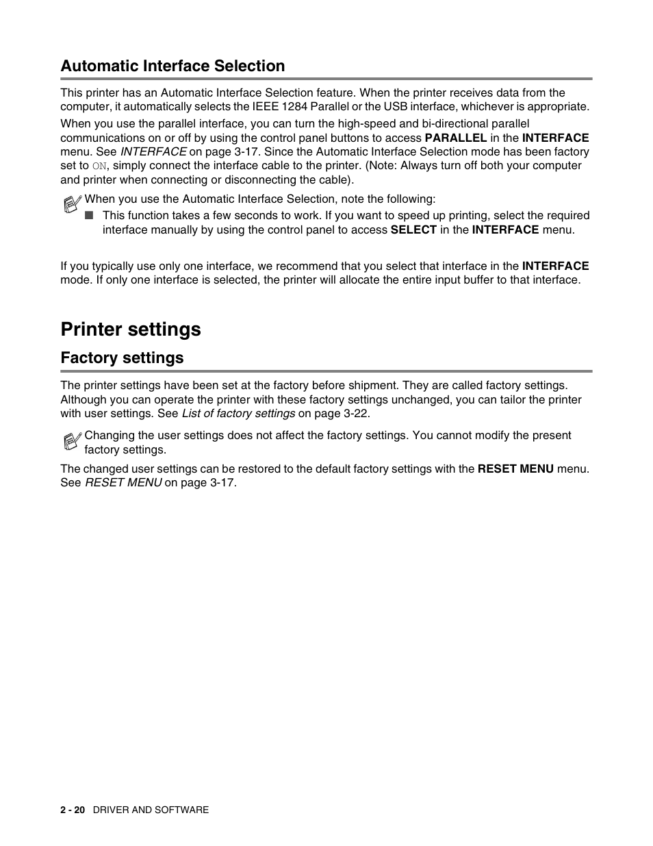 Automatic interface selection, Printer settings, Factory settings | Automatic interface selection -20, Printer settings -20, Factory settings -20 | Brother HL 2700CN User Manual | Page 57 / 162