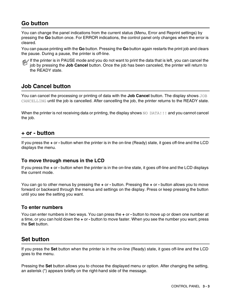 Go button, Job cancel button, Or - button | To move through menus in the lcd, To enter numbers, Set button, Go button -3 job cancel button -3 + or - button -3, Set button -3 | Brother HL 2700CN User Manual | Page 60 / 162