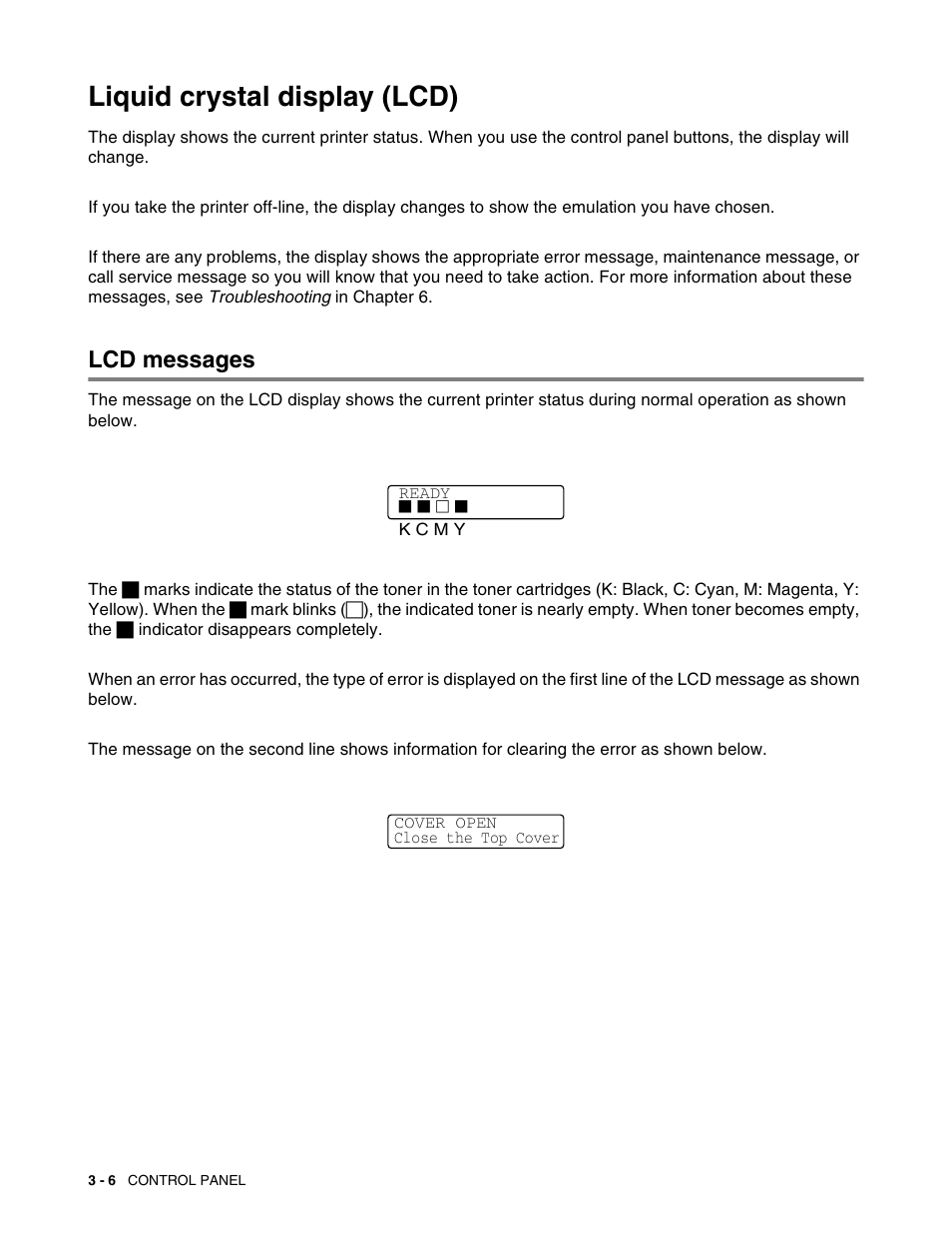 Liquid crystal display (lcd), Lcd messages, Liquid crystal display (lcd) -6 | Lcd messages -6 | Brother HL 2700CN User Manual | Page 63 / 162
