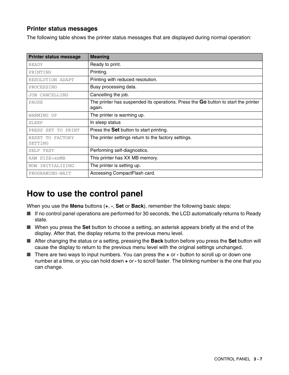 Printer status messages, How to use the control panel, Printer status messages -7 | How to use the control panel -7 | Brother HL 2700CN User Manual | Page 64 / 162
