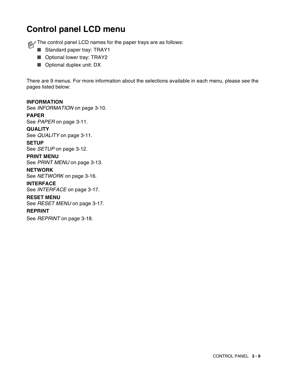 Control panel lcd menu, Control panel lcd menu -9 | Brother HL 2700CN User Manual | Page 66 / 162