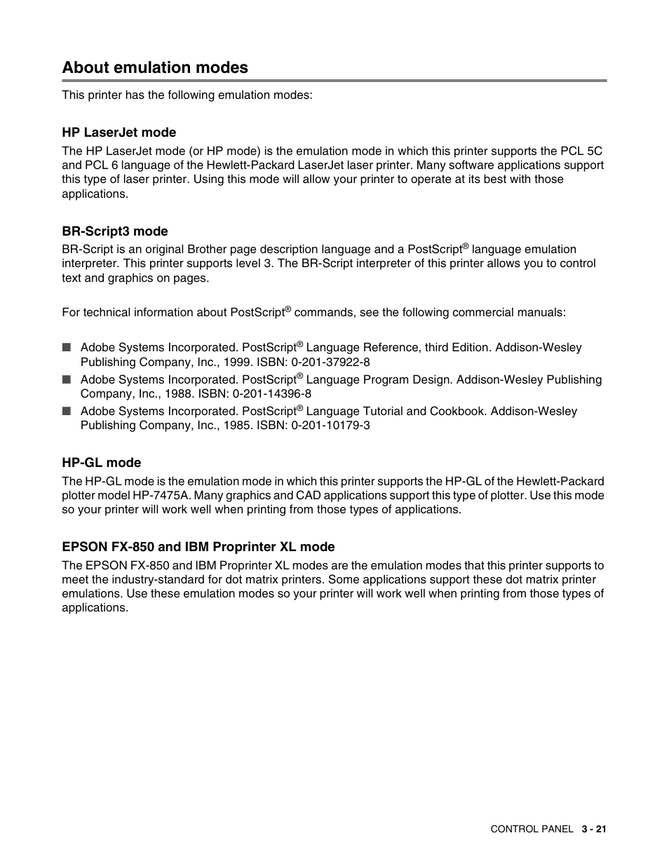 About emulation modes, About emulation modes -21 | Brother HL 2700CN User Manual | Page 78 / 162