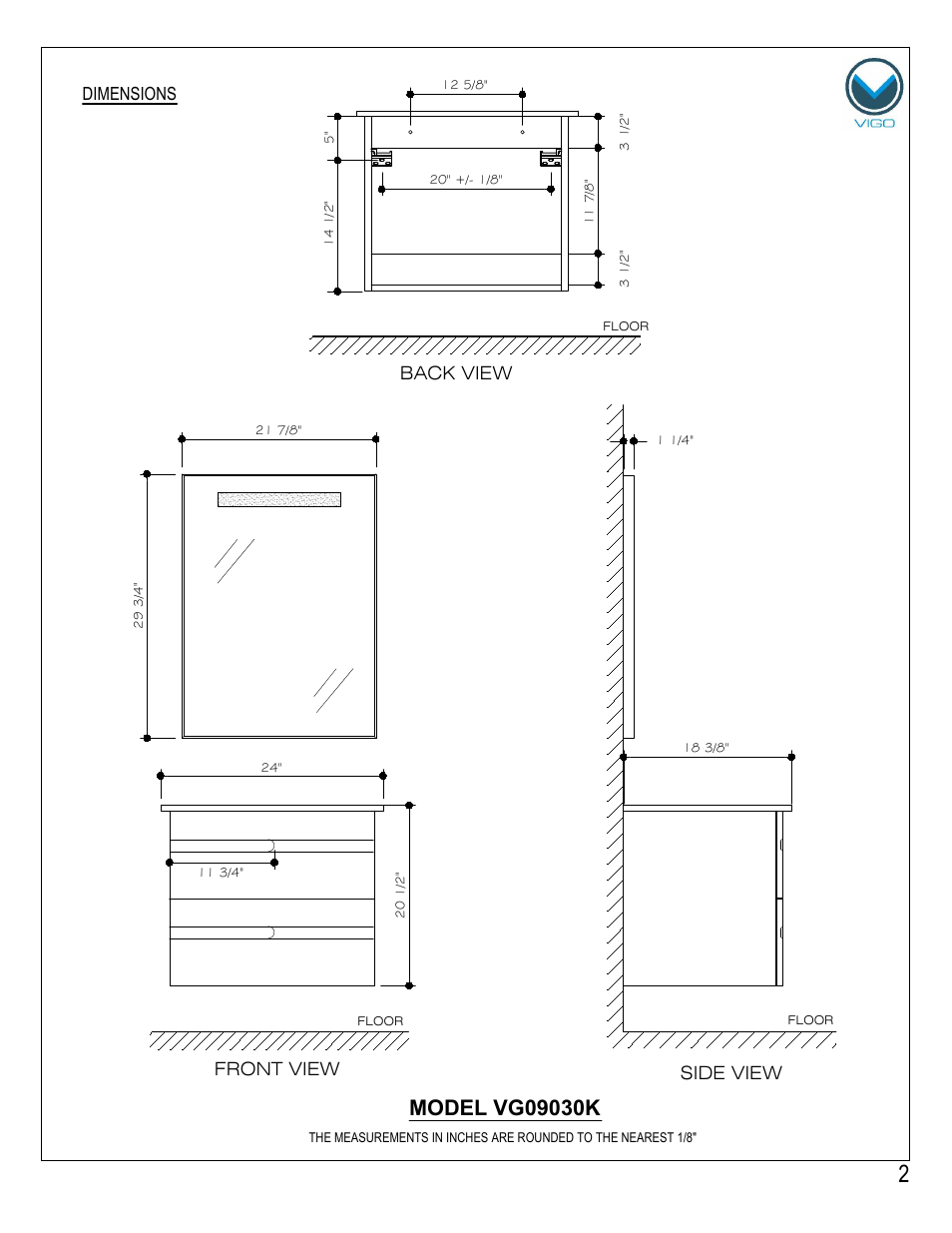 Front view, Side view back view, Dimensions | Vigo VG09030K User Manual | Page 2 / 7