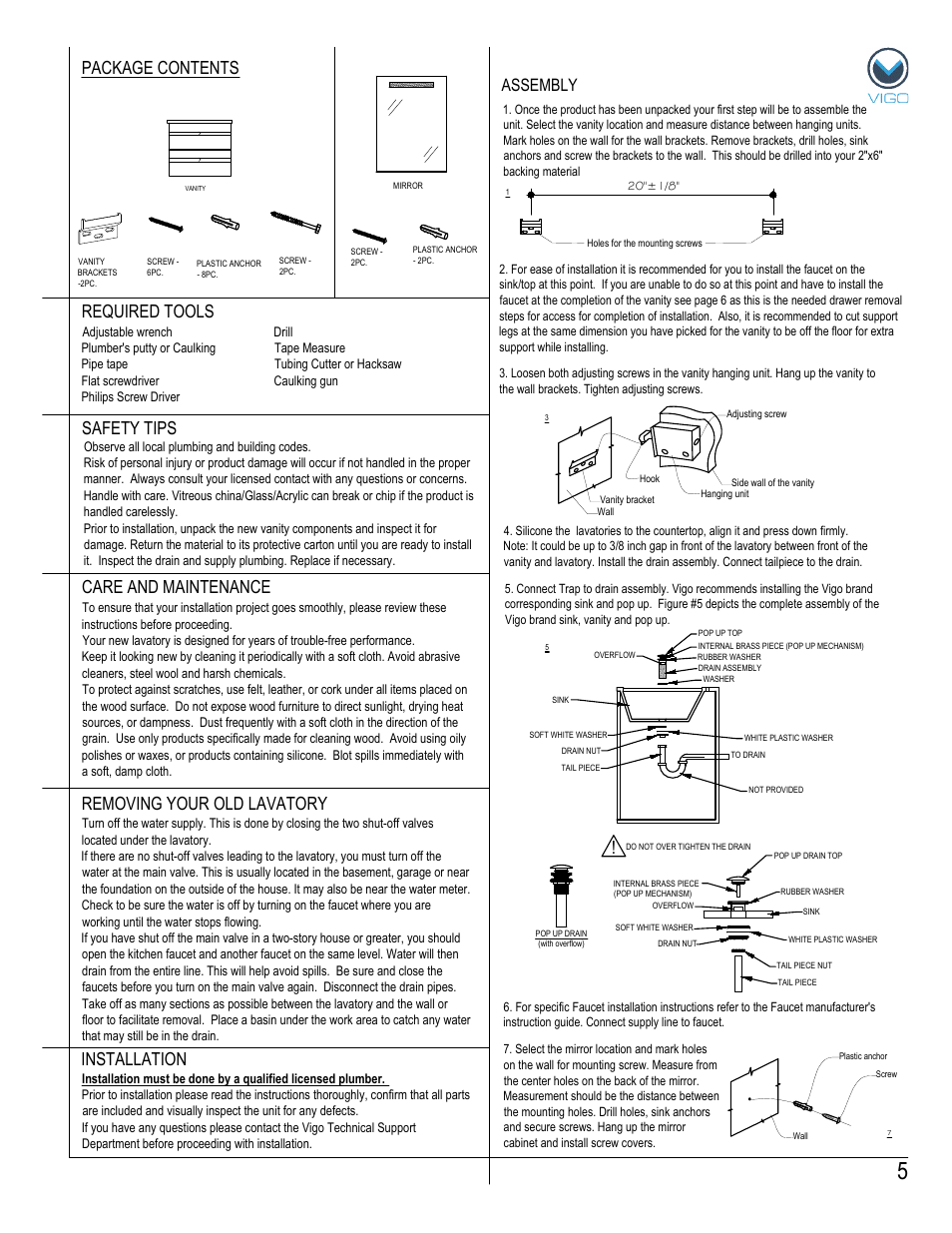 Package contents, Removing your old lavatory, Assembly | Vigo VG09030K User Manual | Page 5 / 7