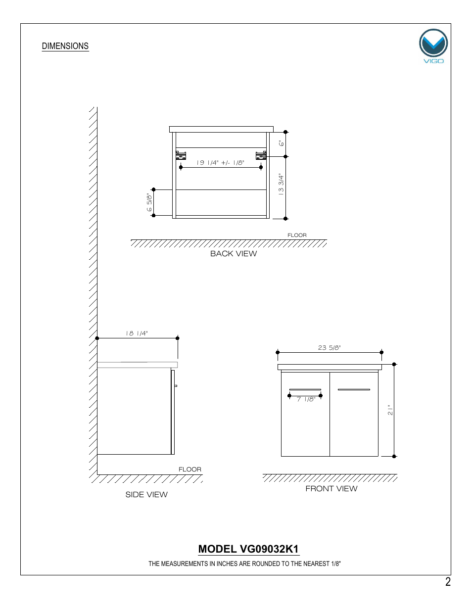 Dimensions | Vigo VG09032K1 User Manual | Page 2 / 7