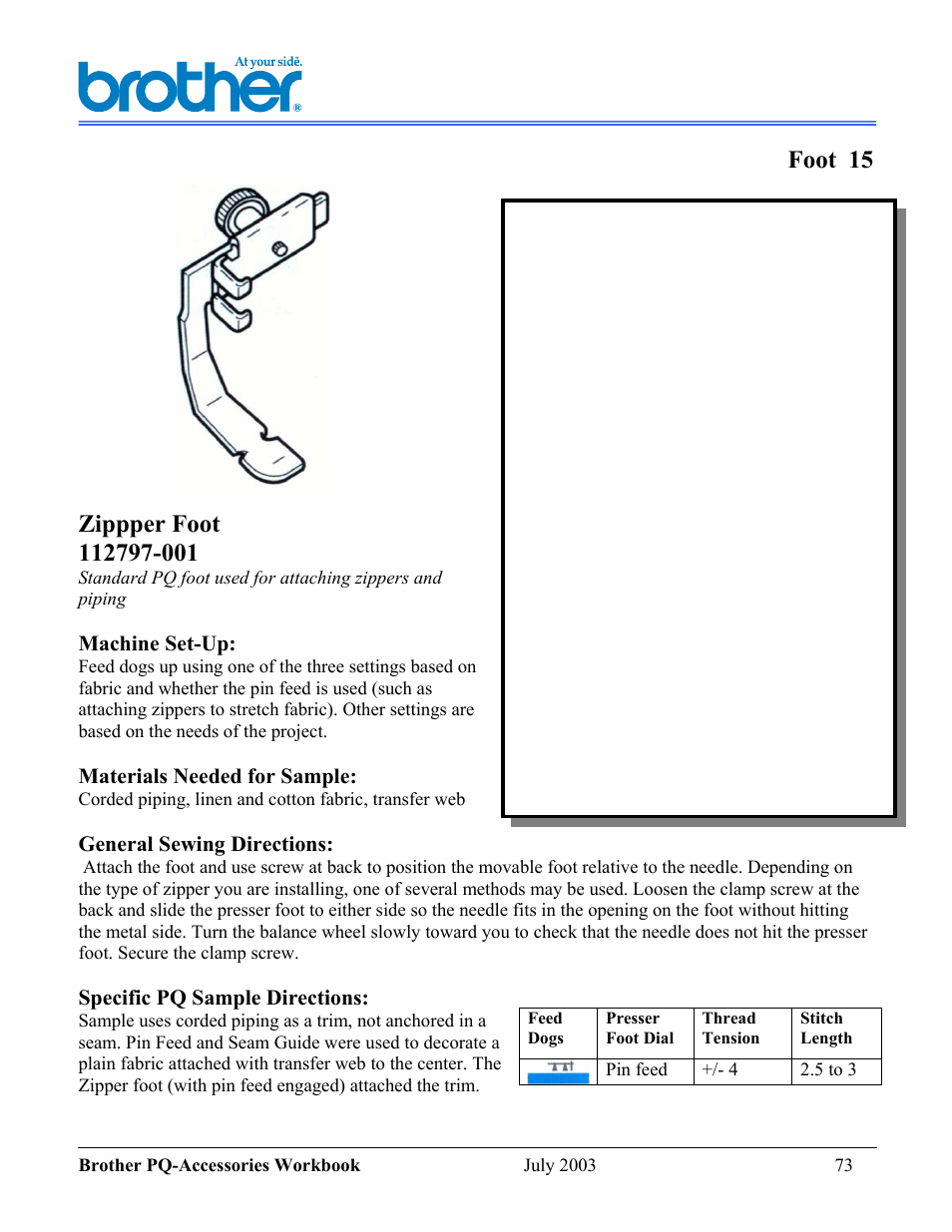 Pin feed, Foot 15, Zippper foot | Brother 1300 User Manual | Page 17 / 20