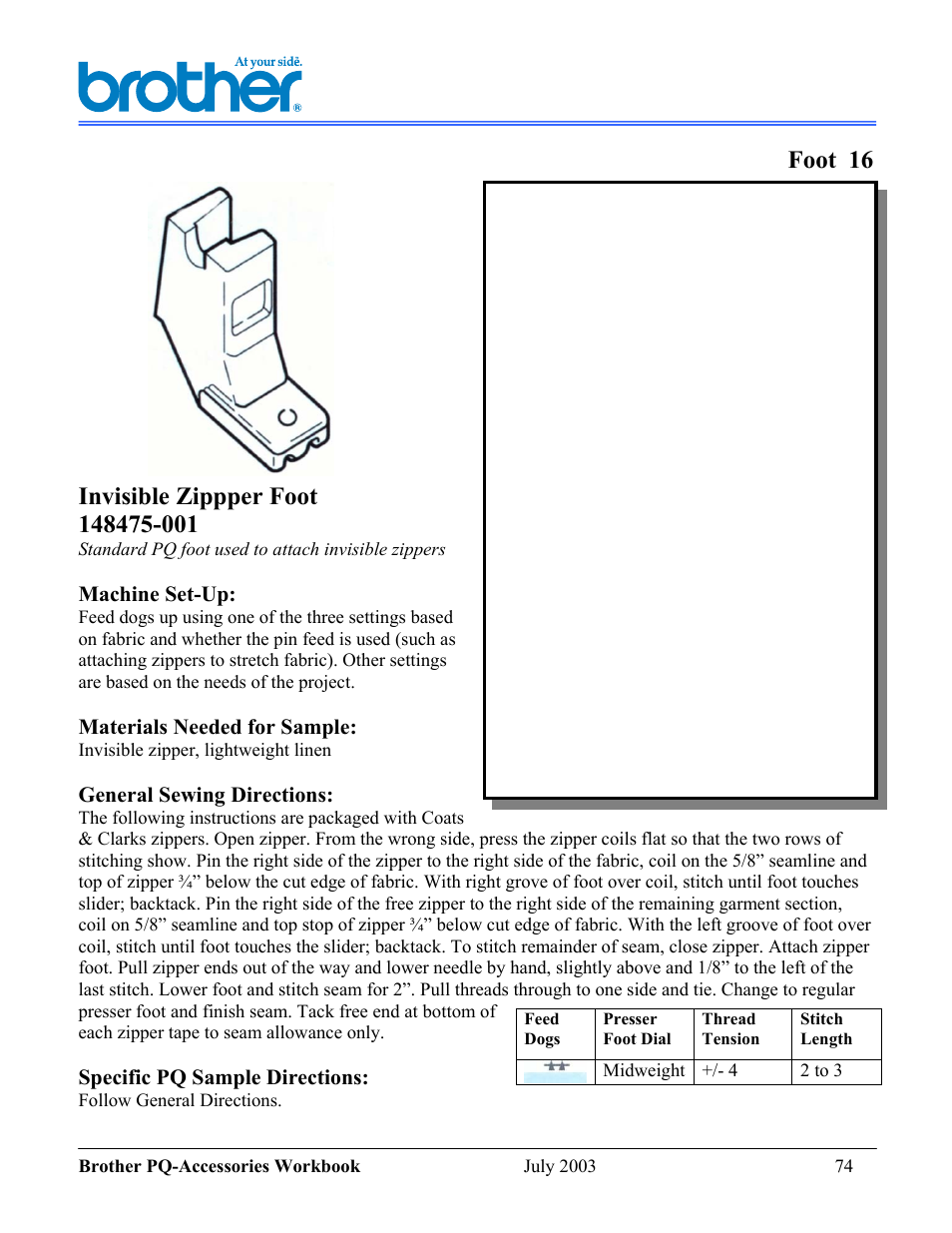 Foot 16, Invisible zippper foot | Brother 1300 User Manual | Page 18 / 20