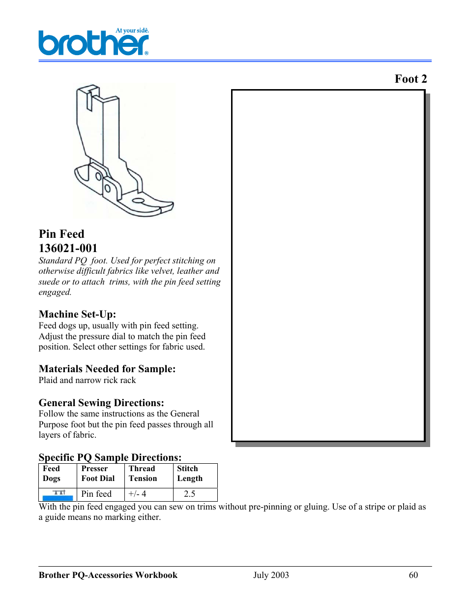 Foot 2, Pin feed | Brother 1300 User Manual | Page 4 / 20