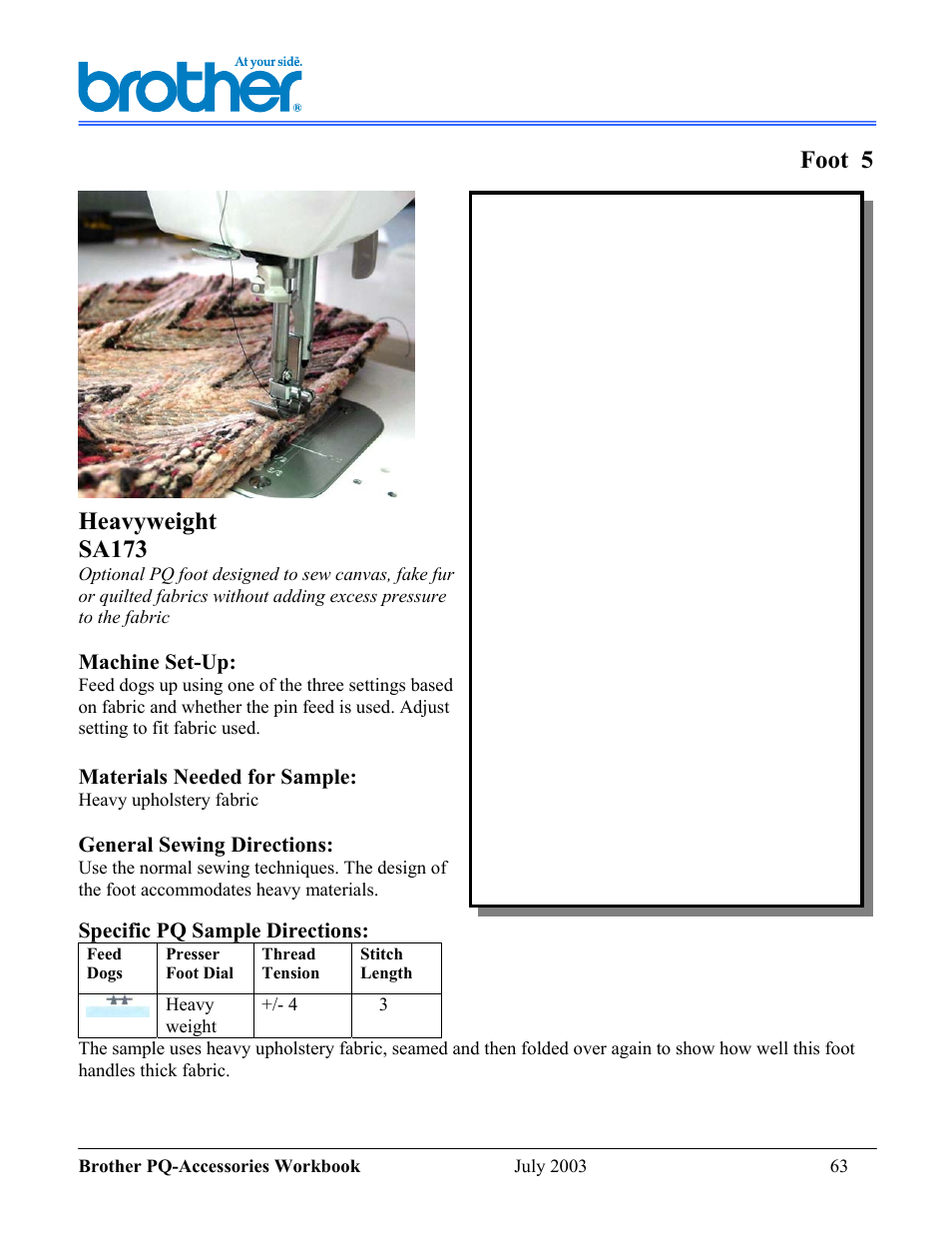 Foot 5, Heavyweight sa173 | Brother 1300 User Manual | Page 7 / 20