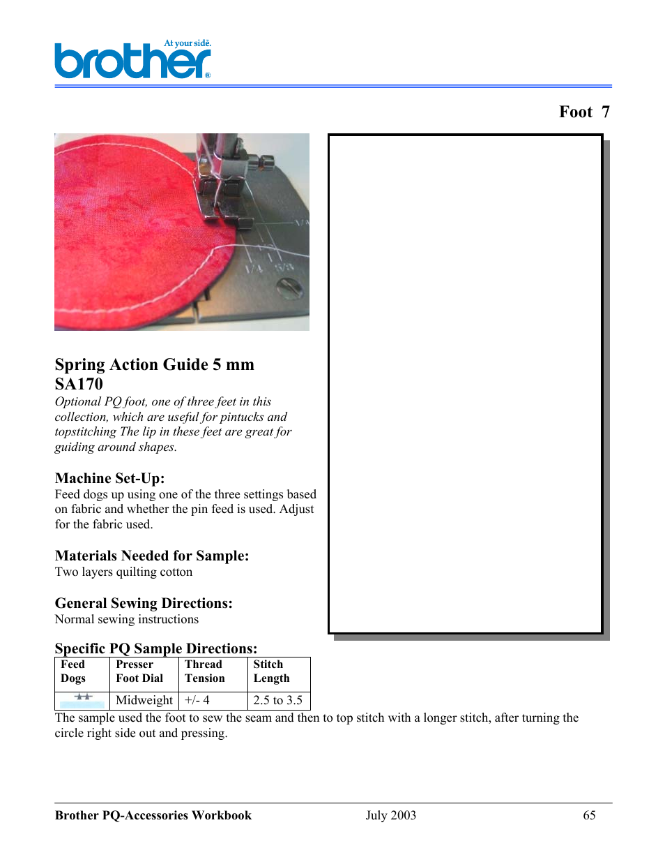 Foot 7, Spring action guide 5 mm sa170 | Brother 1300 User Manual | Page 9 / 20