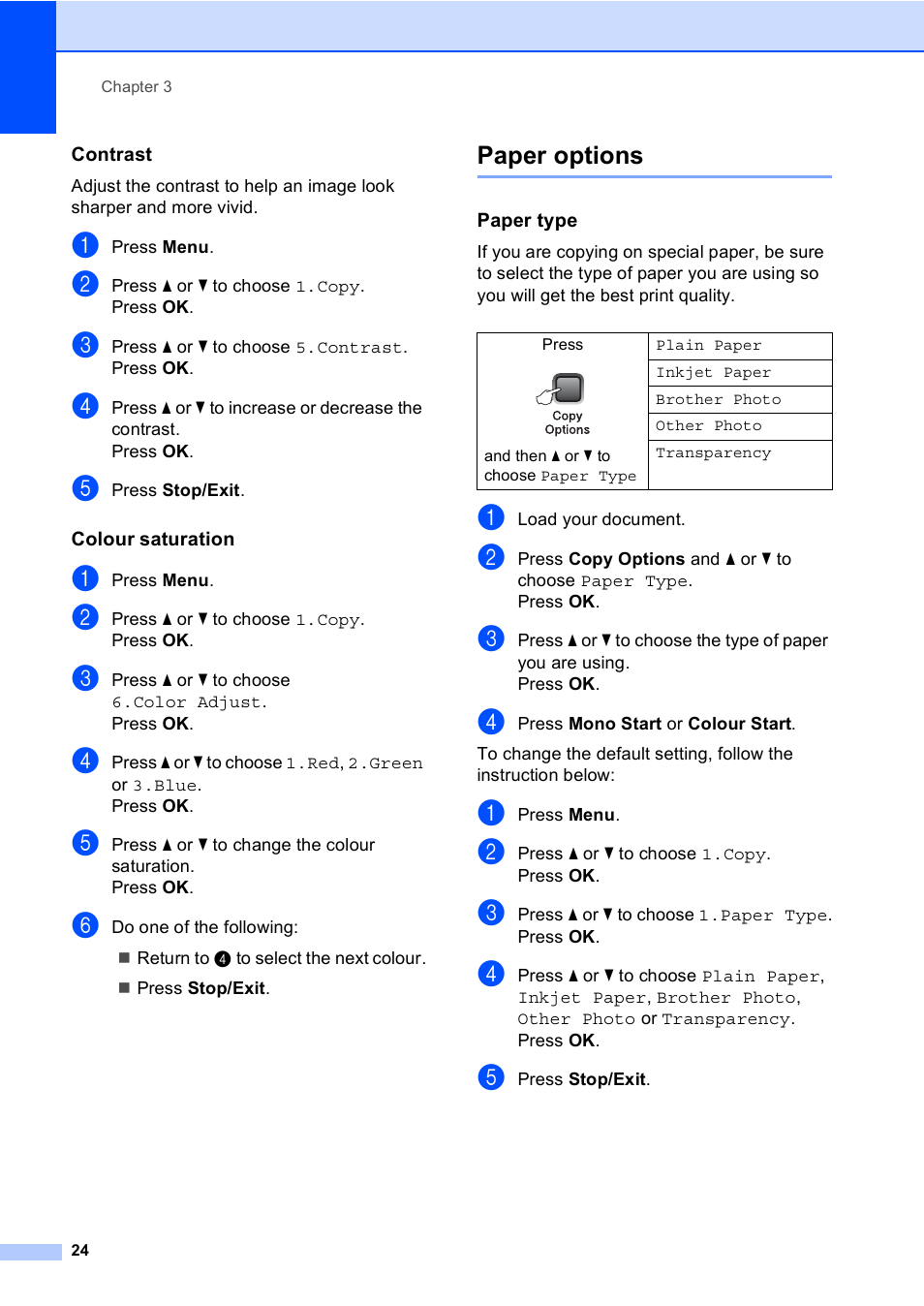 Contrast, Colour saturation, Paper options | Paper type | Brother DCP-157C User Manual | Page 32 / 99