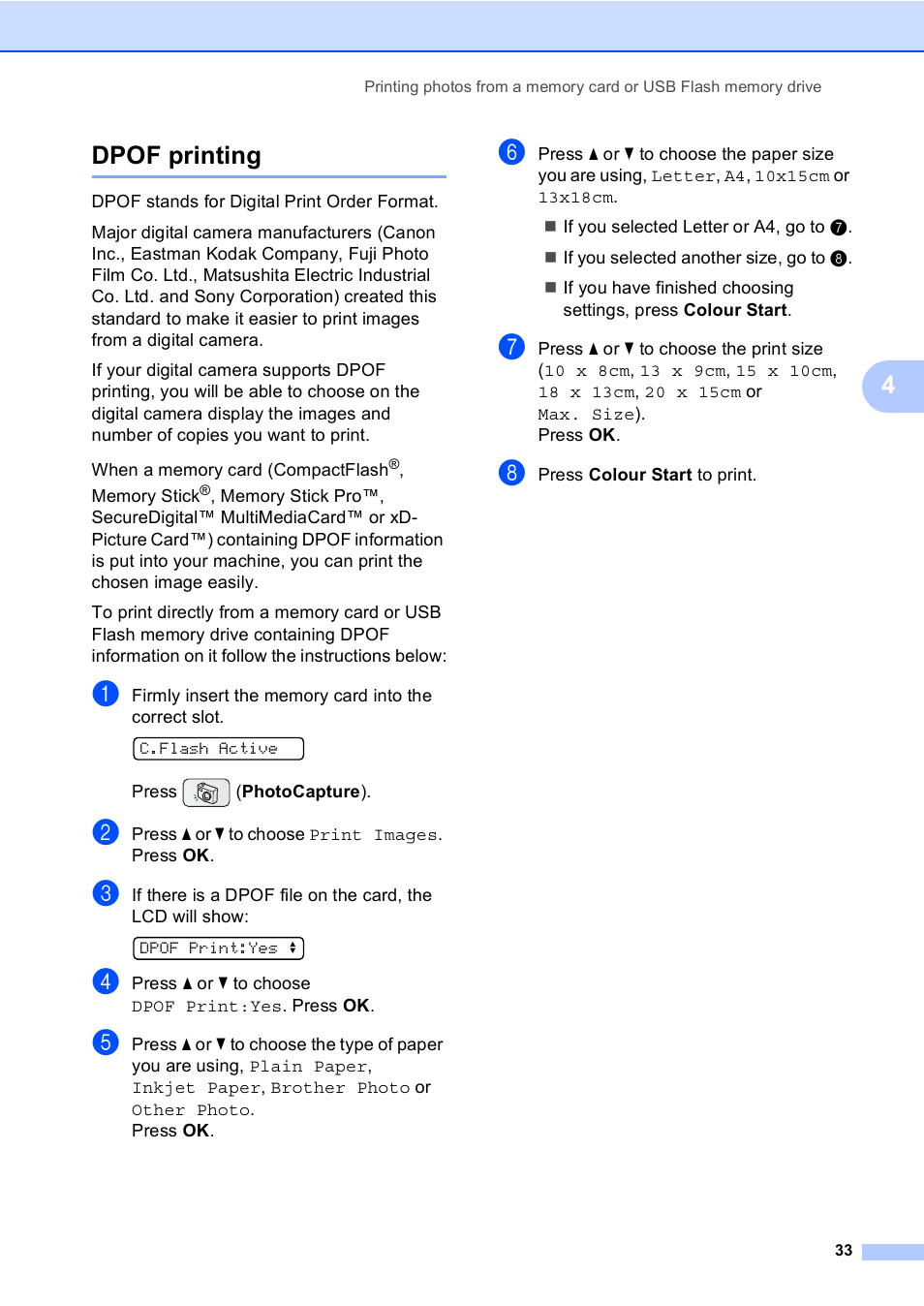 Dpof printing, Dpof, 4dpof printing | Brother DCP-157C User Manual | Page 41 / 99